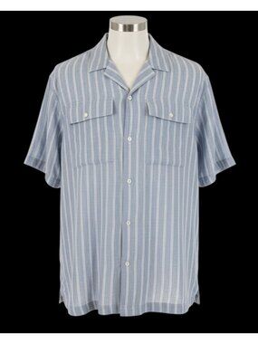 NWT Michael Kors Mens Blue White Striped Short Sleeve Shirt XL Cotton Linen